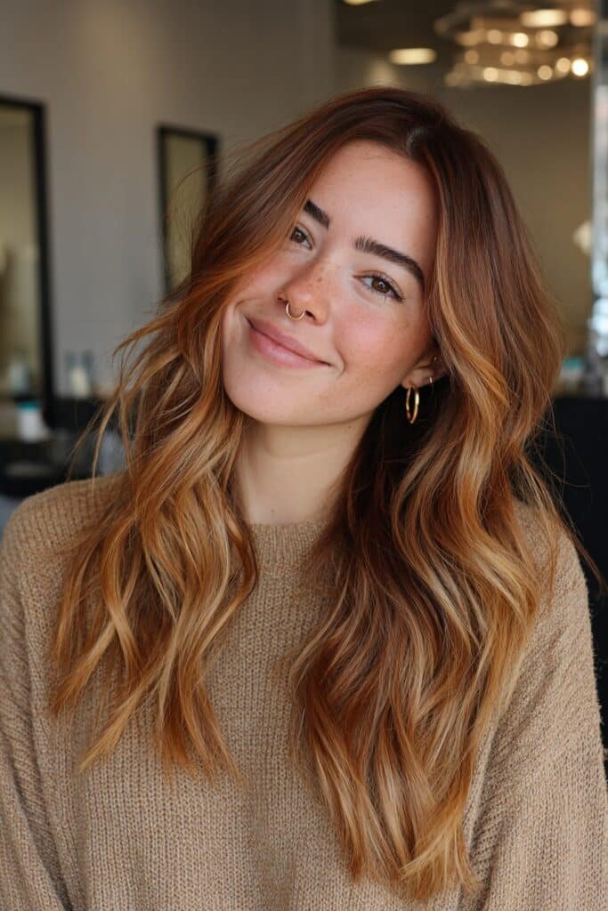 Long caramel rose melt hairstyle blending brunette roots into creamy caramel and muted rose tones with soft waves.