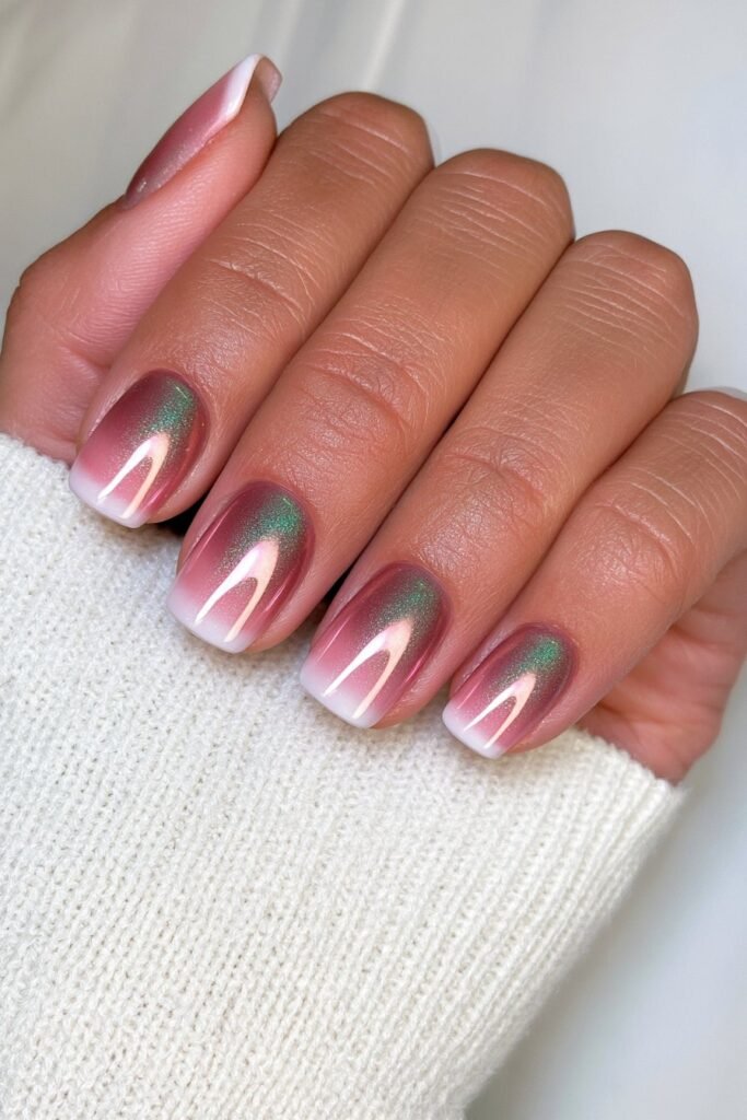 Short cat eye chrome nails with autumn shimmer.