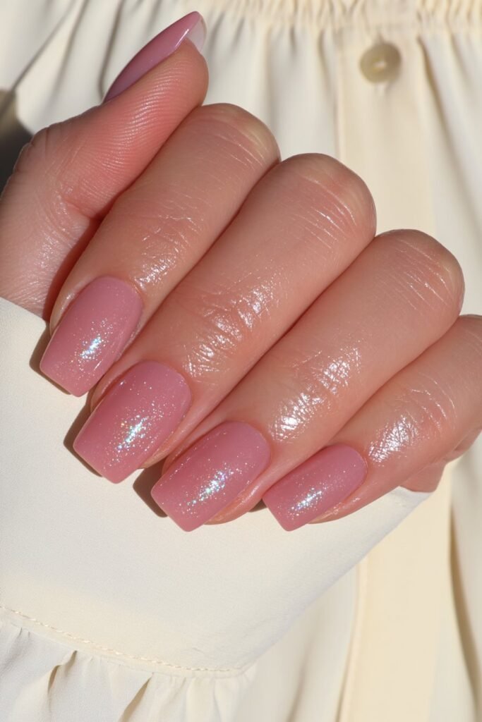 Short champagne squoval nails with delicate shimmer.