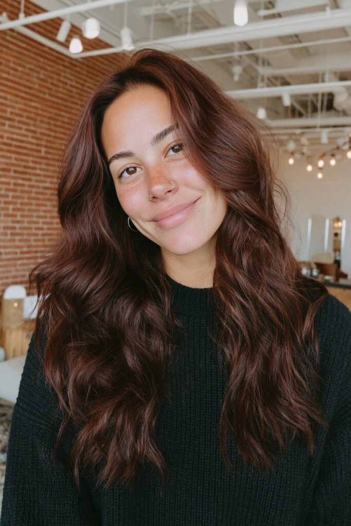 Cherry cola red-brown hair with glossy loose waves and multidimensional shine.