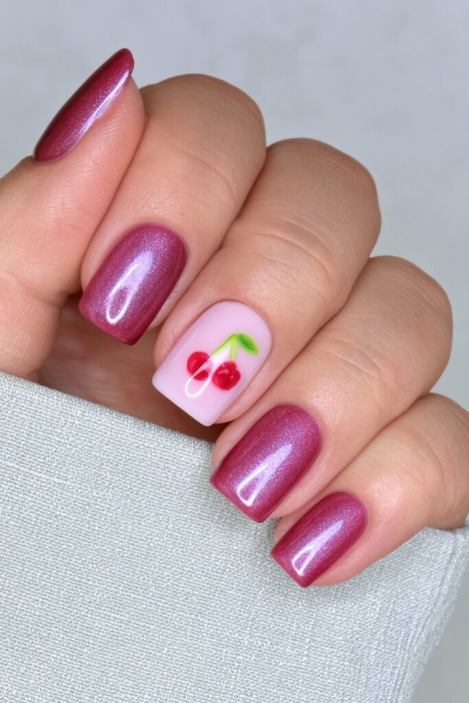 Short cherry red nails with a bold glossy fall look.