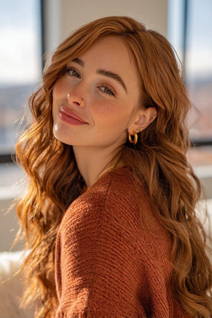 Long chestnut rose hairstyle blending warm chestnut brown with soft rosy undertones for a glossy romantic finish.