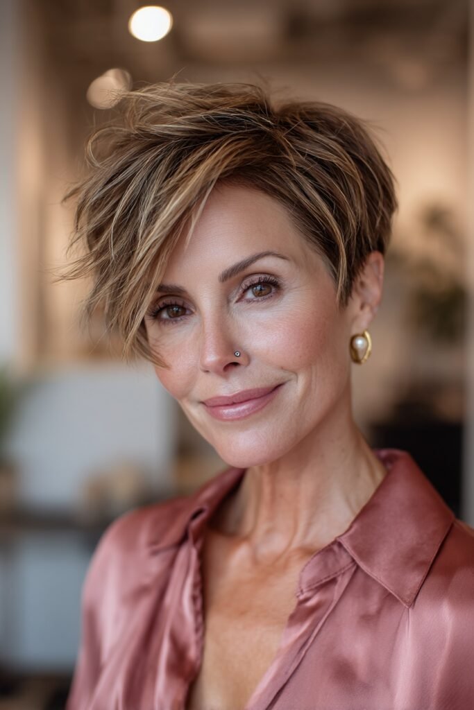 Chic pixie haircut with long side-swept layers, textured volume, and mocha brown highlights for a sophisticated over-50 look.