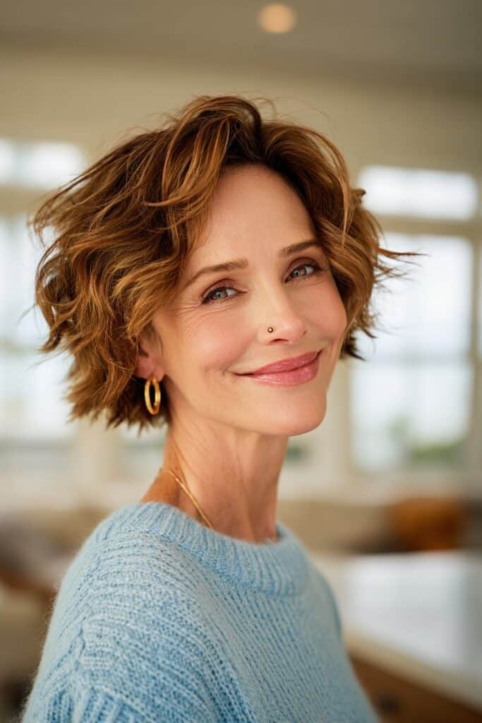 Chin-length bob with tousled waves, soft layers, and warm brunette highlights creating a youthful hairstyle for mature women.