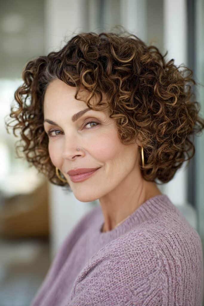Chin-length curly hairstyle with rounded volume, caramel-highlighted brunette curls, and flattering face-framing shape.