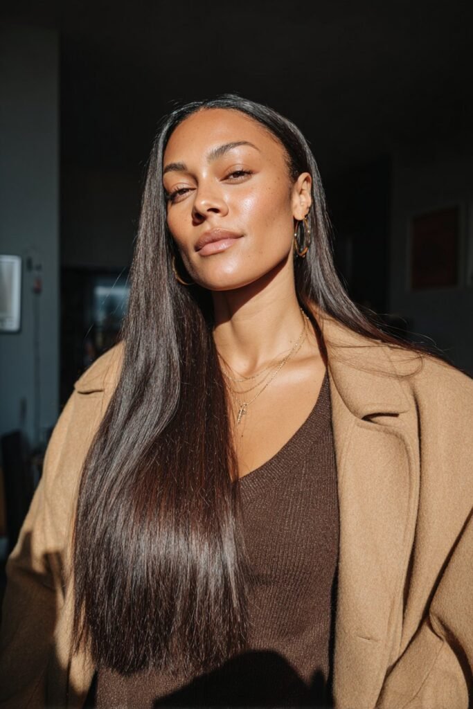 Black woman with extremely long glossy chocolate-brown straight hair and a middle part.