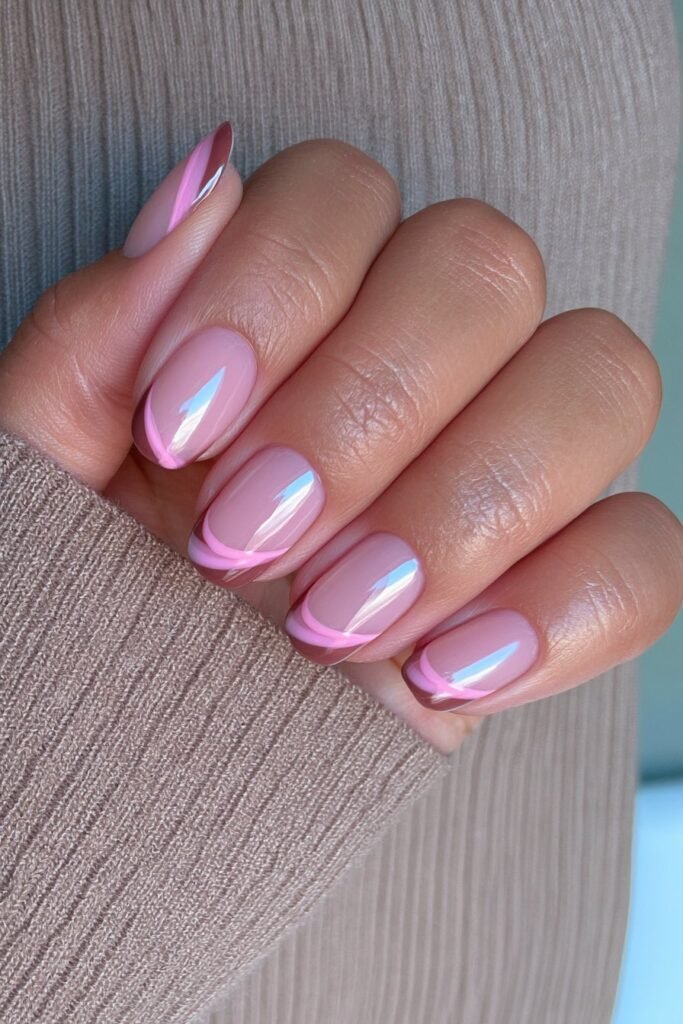 Short negative space nails with chocolate brown and rose accent.