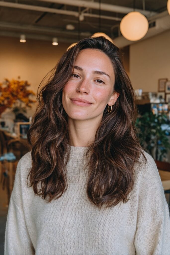 Glossy chocolate espresso brown hair with silky long layers and rich salon shine.