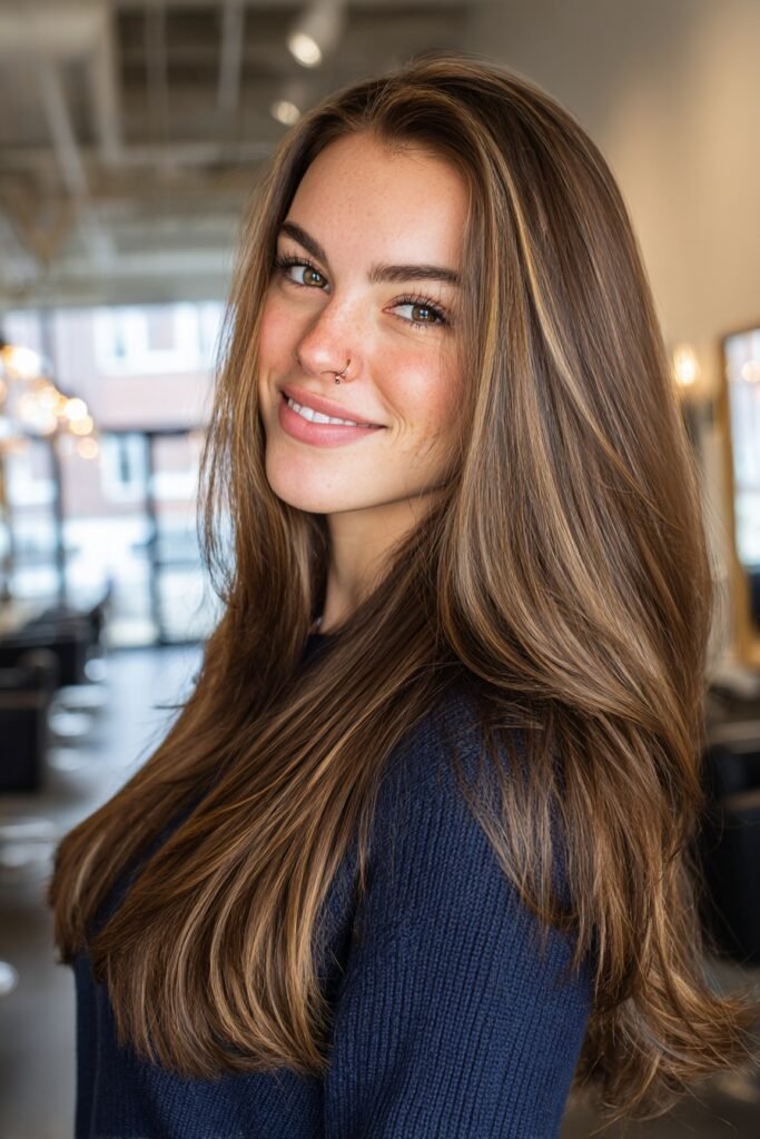Glossy chocolate toffee glaze hair color on long brunette hair with silky shine and luxurious salon-inspired finish.