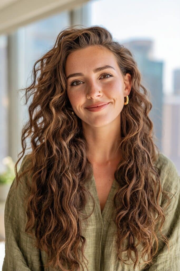 Naturally textured wavy brunette hair featuring chocolate toffee highlights that define each wave with warmth and shine.