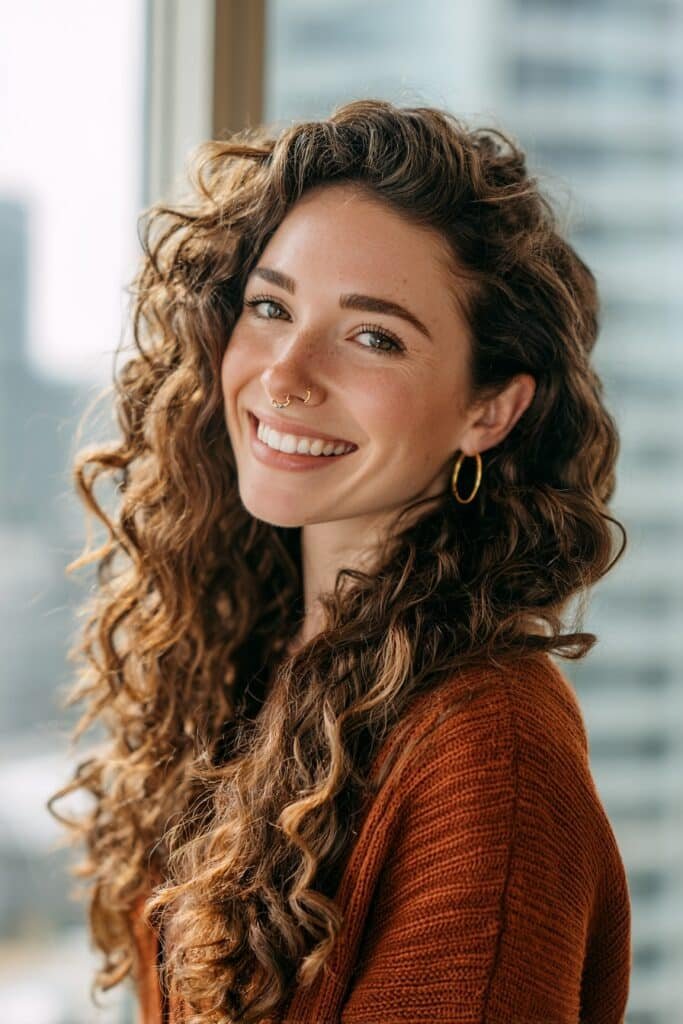 Chocolate toffee hair color with delicate caramel ribbons adding warmth, depth, and dimension to long curly brunette hair.