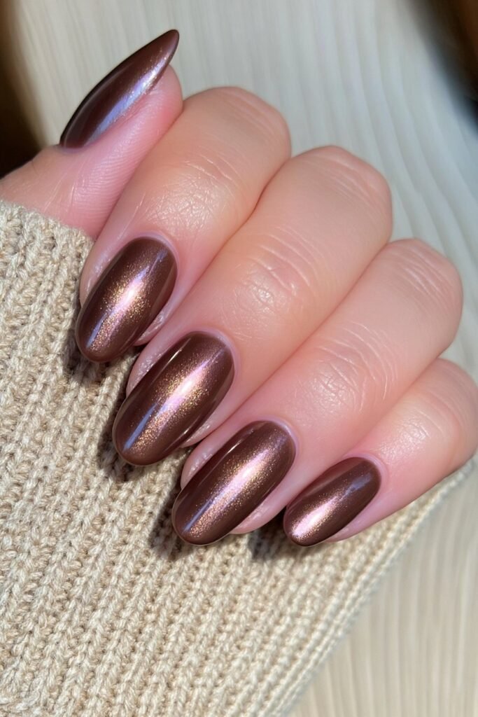 Short round cinnamon brown chrome nails with a luminous coppery reflection.