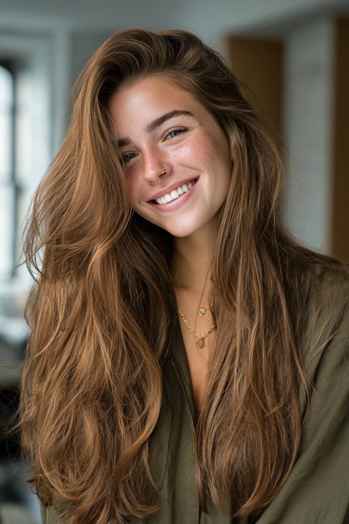 Young brunette woman with cinnamon rose brown hair featuring warm cinnamon hues and subtle rosy highlights.