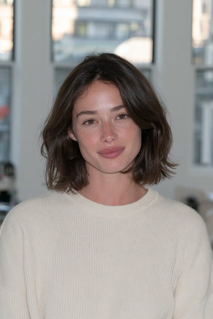 Young woman with a sleek classic blunt-bob jellyfish haircut in glossy espresso-brown hair.