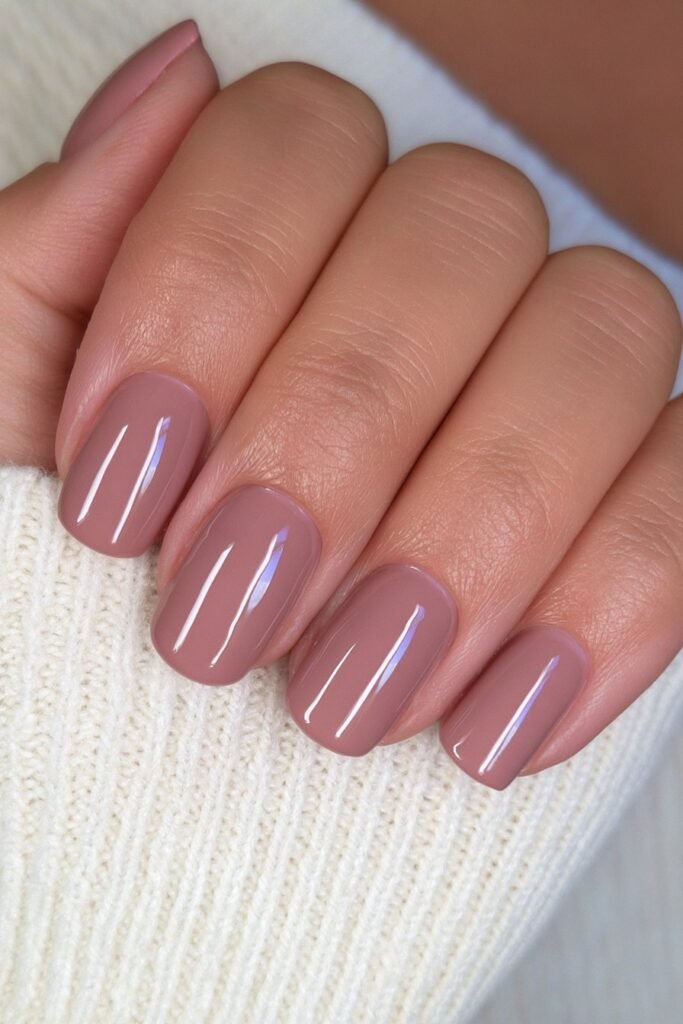 Short round chocolate brown autumn nails with a smooth ultra-gloss finish.