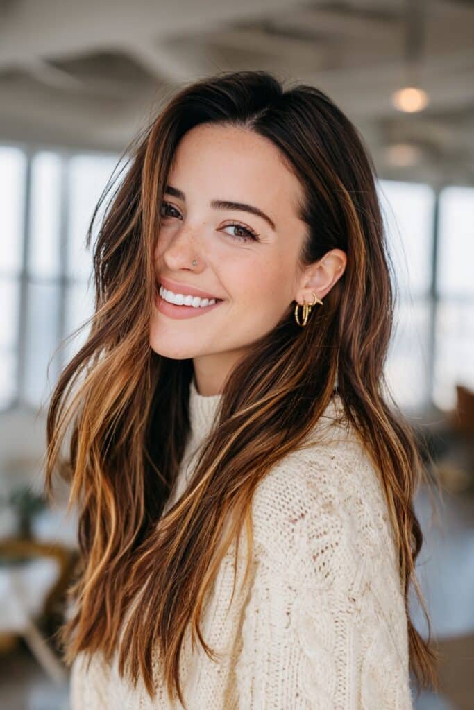 Young brunette woman with classic chocolate toffee balayage featuring rich chocolate brown hair blended with warm toffee highlights and soft waves.