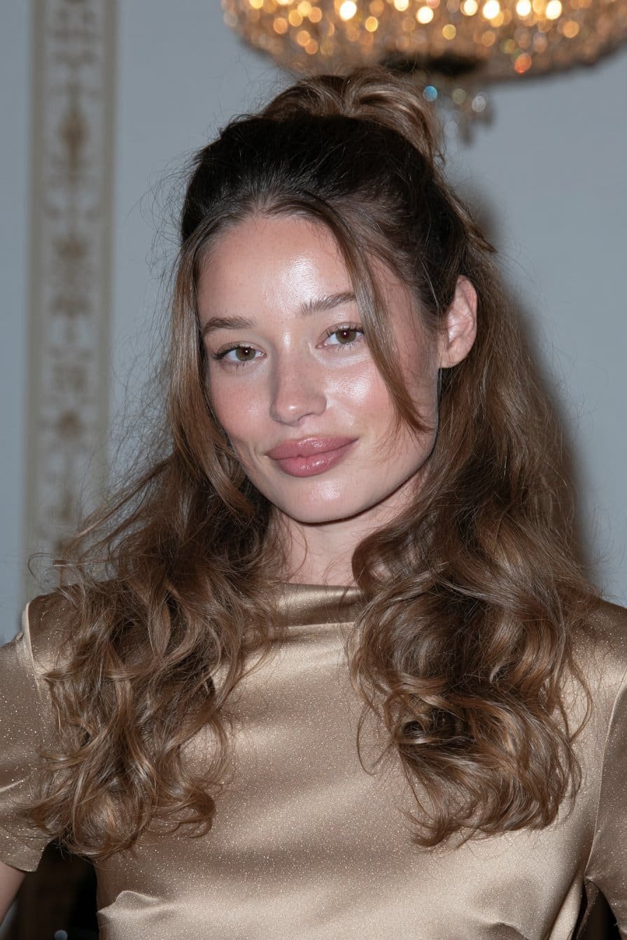 Young woman with classic curled half-up ponytail and soft face-framing curls
