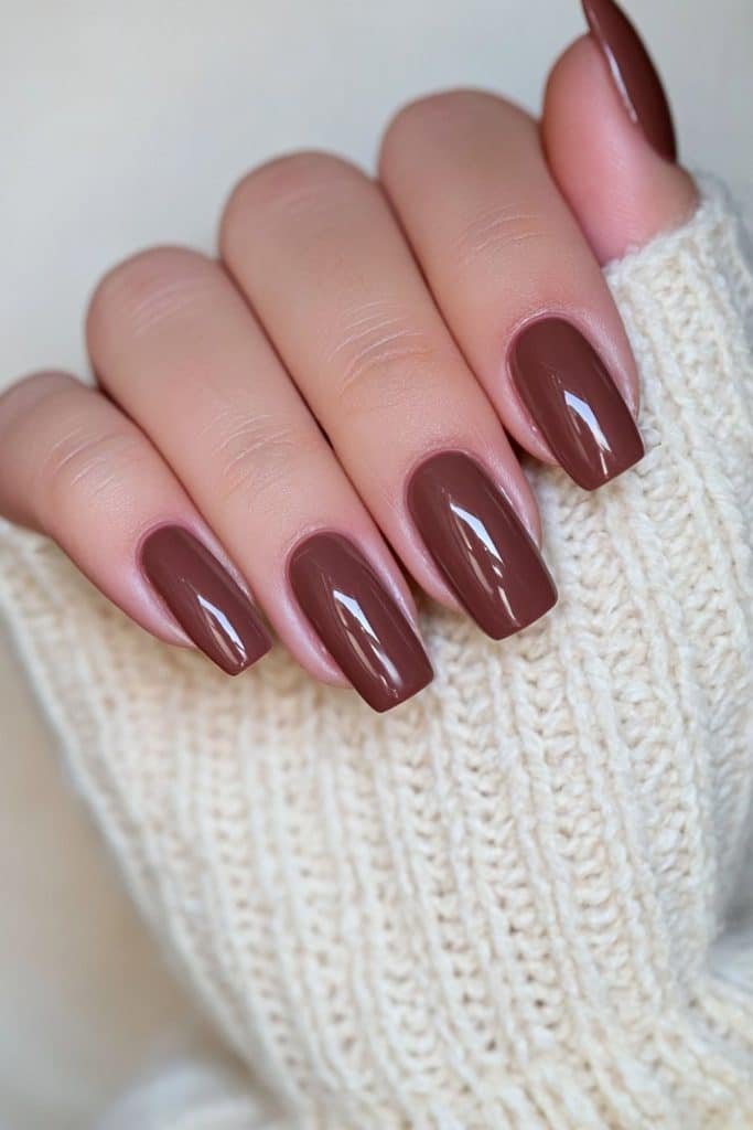 Short squoval nails in glossy classic chocolate brown