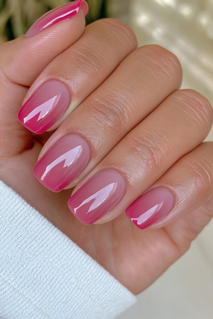 Short classic red nails with mirror-like glossy shine.