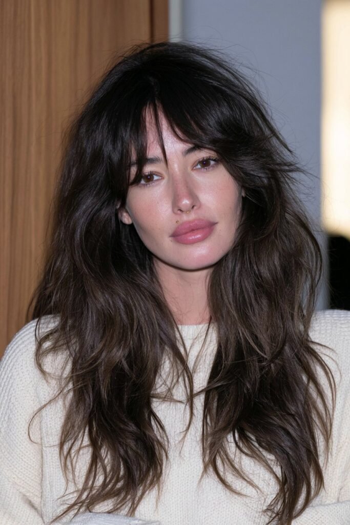 Long wolf haircut with textured layers, feathered ends, and soft curtain bangs