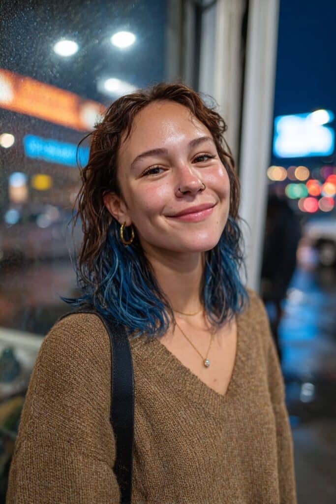 Medium close-up portrait featuring cobalt blue highlights on a midnight hair base