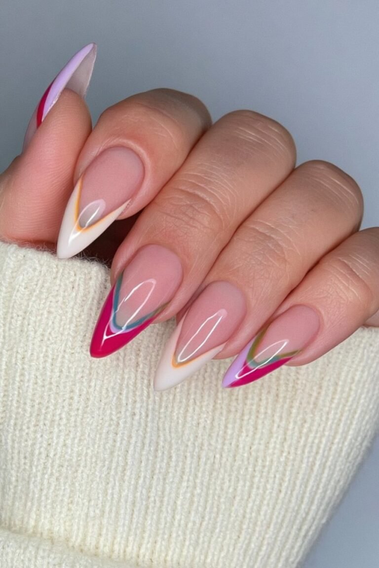 Almond nails with white, caramel, cream, and olive color blocks.
