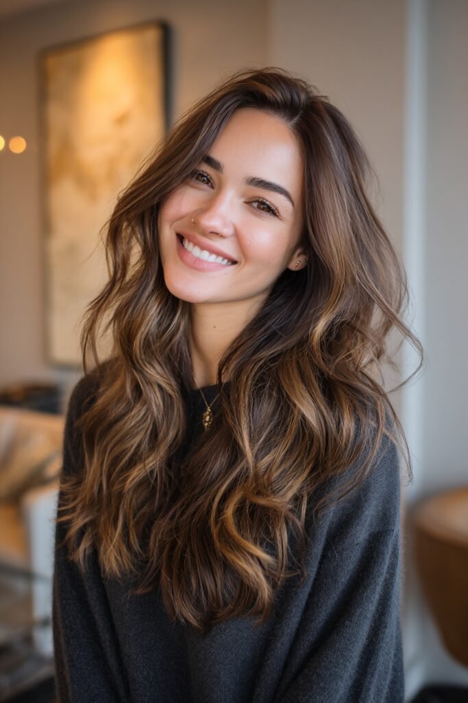 Cool-toned toffee hair color blending mocha brown with beige toffee highlights for an elegant and sophisticated finish.