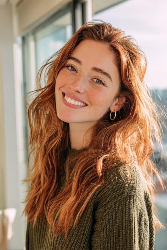 Text: Young woman with long copper rose hair featuring warm copper tones blended with soft rosy pink highlights and loose waves.