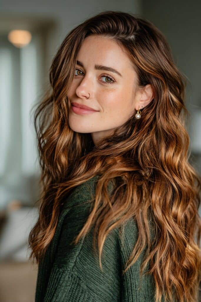 Long brunette hair featuring warm copper and toffee highlights for a vibrant dimensional hair color with soft waves.