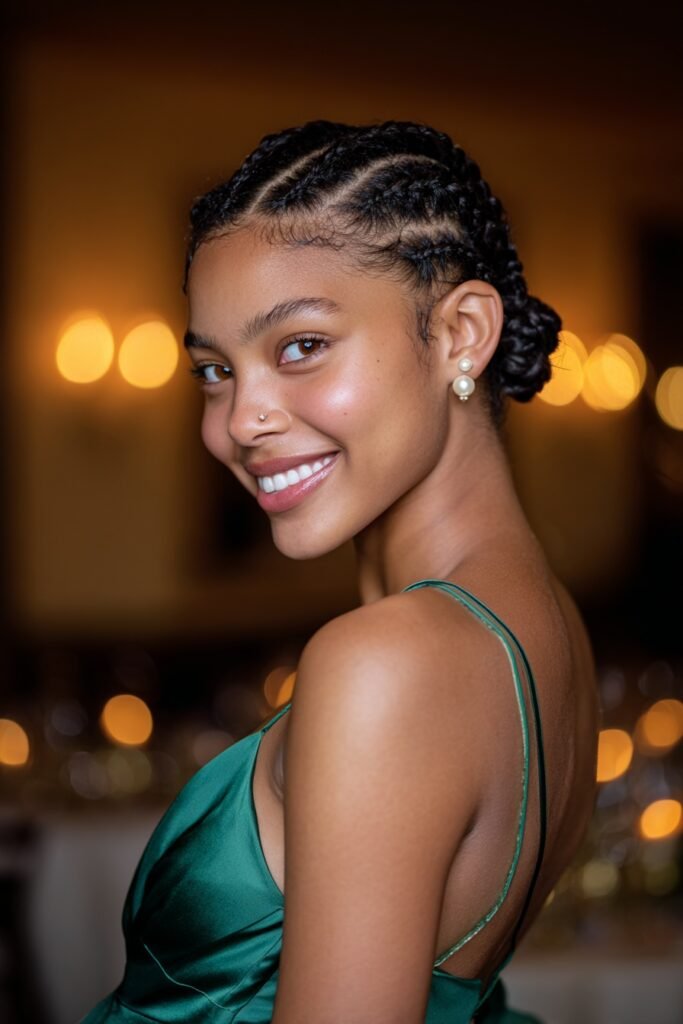 Short natural bob styled with sleek cornrows flowing into a compact low bun for a sophisticated homecoming hairstyle.