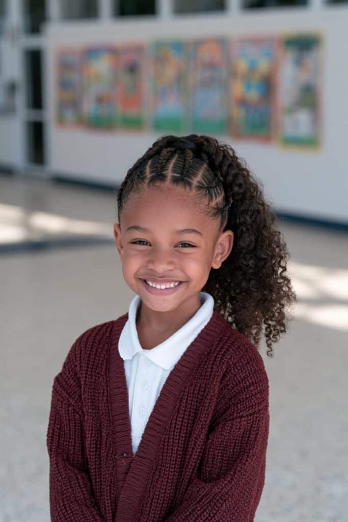 Black girl with straight-back cornrows flowing into a natural ponytail