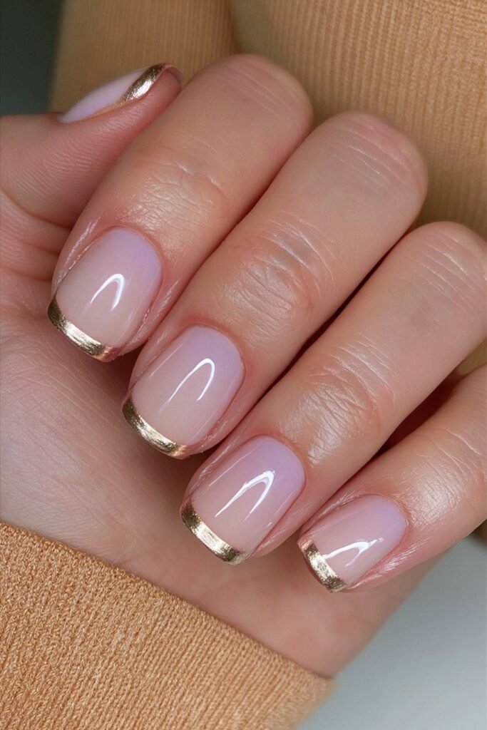 Short creamy beige nails with metallic gold French tips.