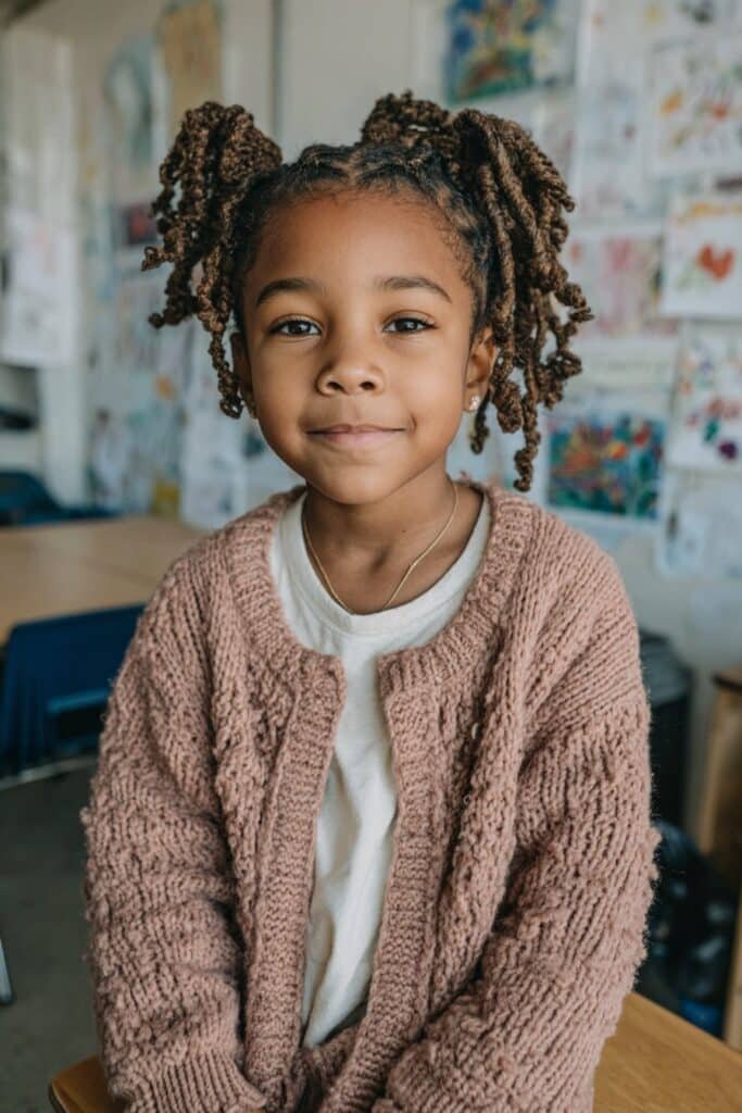 Black girl with half-up crochet curls and small braids