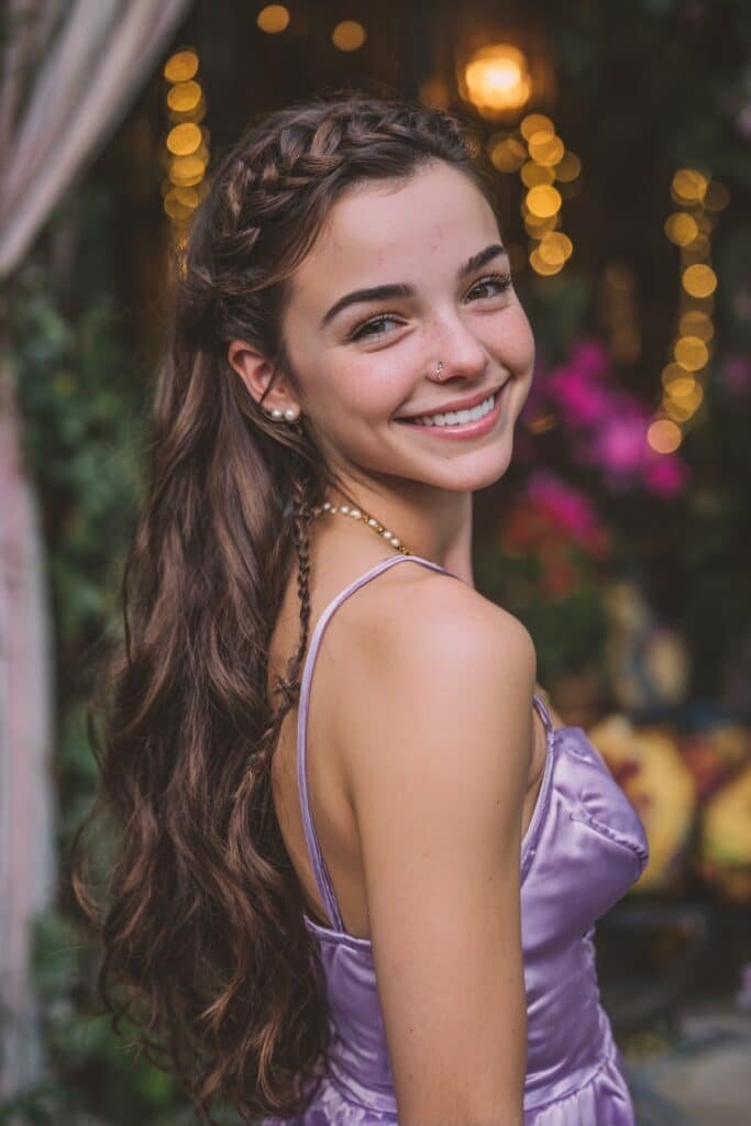 Princess crown braid wrapping around the head with long flowing waves for a fairytale-inspired homecoming hairstyle.
