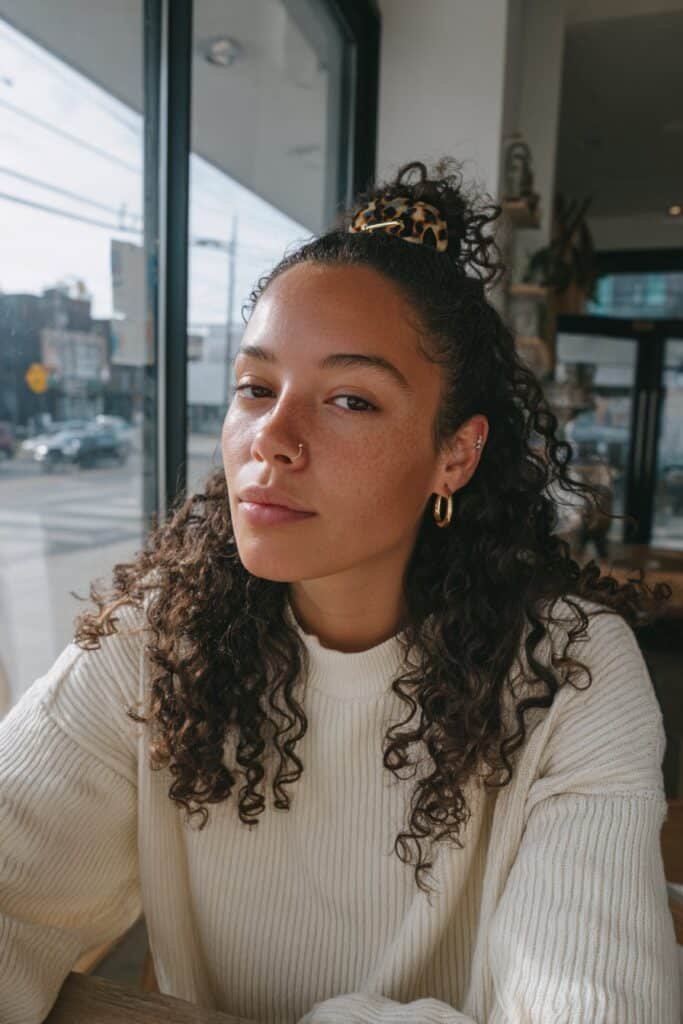 Young woman with curly half-up hair and a tortoiseshell claw clip