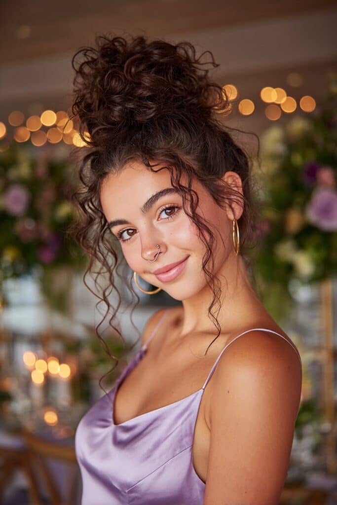 Curly high bun featuring defined curls, soft face-framing tendrils, and a voluminous updo for homecoming.