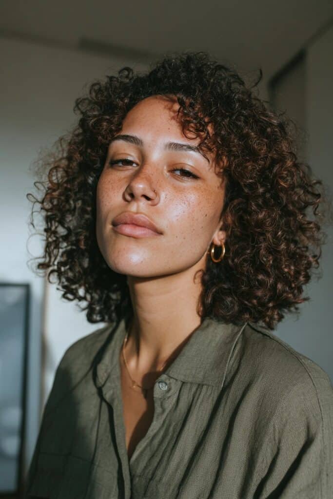 Woman in her 20s with a shoulder-length curly lob tucked behind her ears