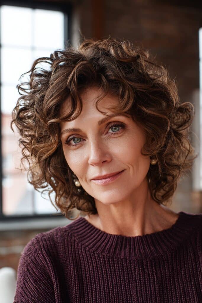 Curly shag haircut with bouncy textured curls, feathered layers, and caramel-highlighted brunette hair for women over 50.