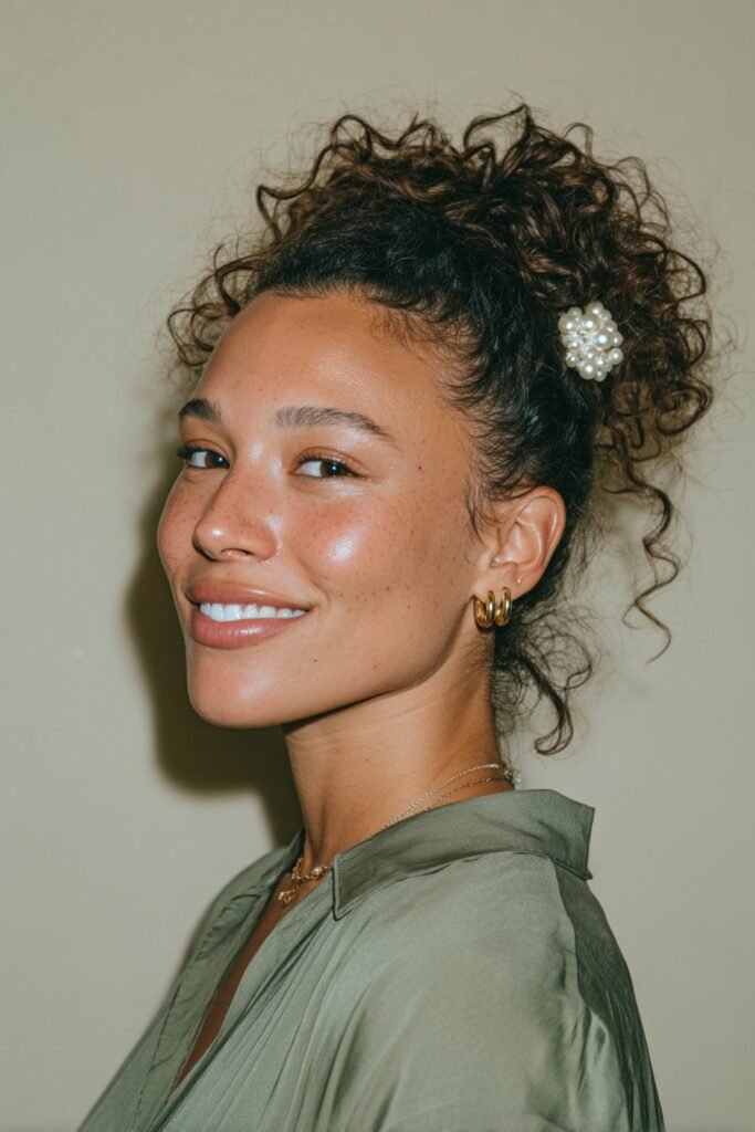 Woman in her 20s with a curly updo and pearl statement hair clip