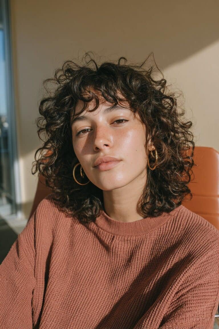 Woman in her 20s with curly curtain bangs and voluminous natural curls