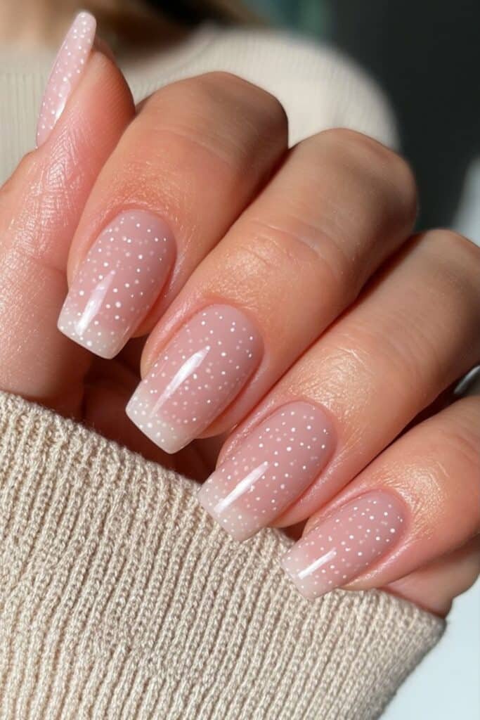 Short nude nails with tiny white dot nail art.