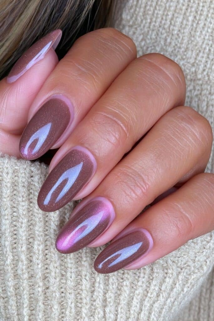 Long almond nails in rich dark chocolate brown with glossy shine.
