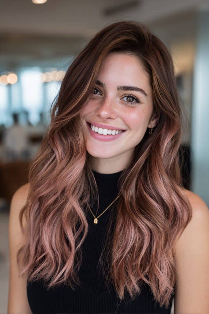 Long wavy brunette hair with dark roots fading into soft rose pink ends for a bold yet elegant ombre hairstyle.