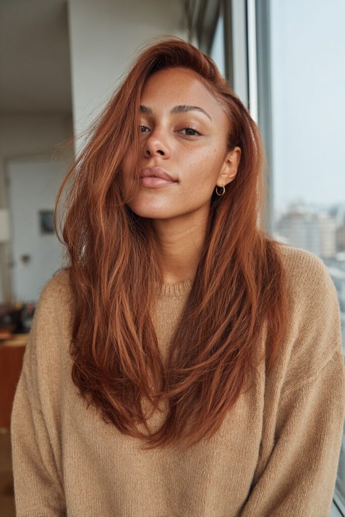 Black woman with long deep auburn silk press and glossy straight layers.