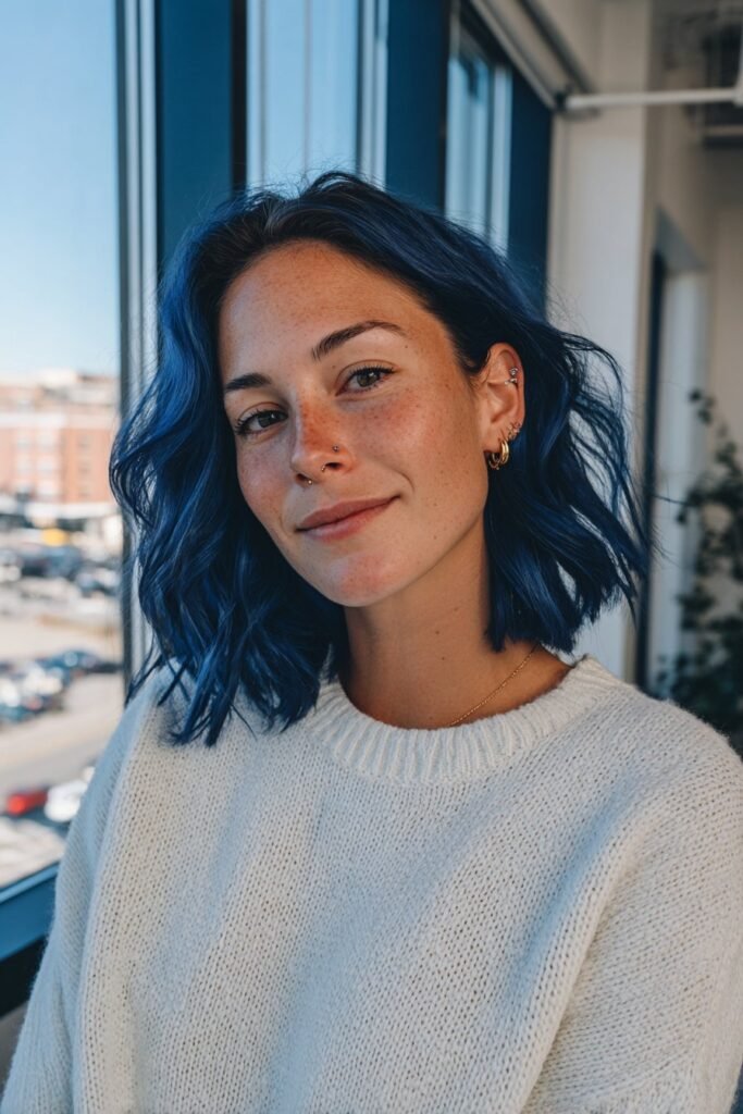 Medium close-up portrait showcasing a deep blue layered lob with soft movement