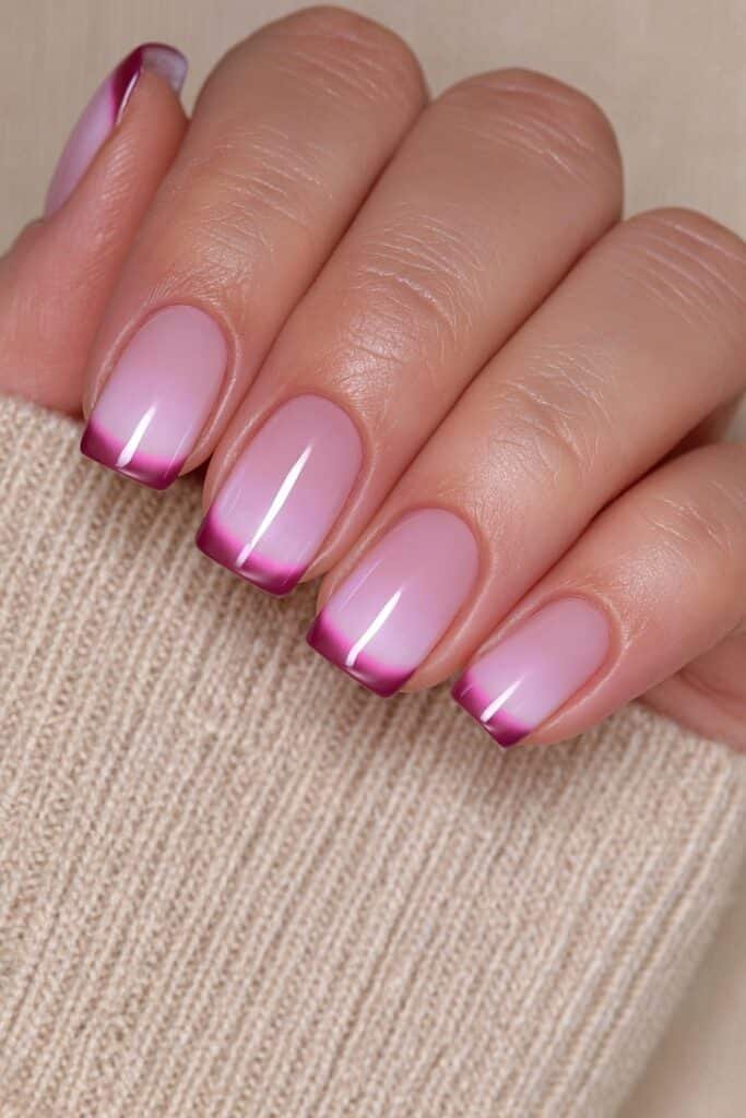 Short nails with deep burgundy French tips on a blush base.