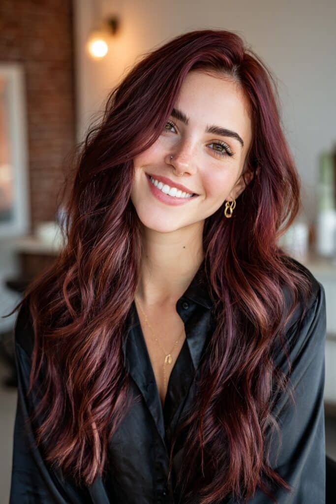 Deep burgundy rose hair color on long wavy brunette hair with rich wine-inspired tones and glossy salon shine.