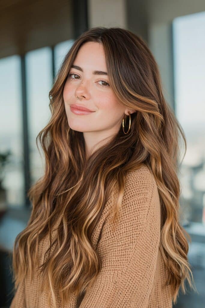 Deep chocolate brown hair fading into honey toffee ends with seamless color blending and glossy long waves.