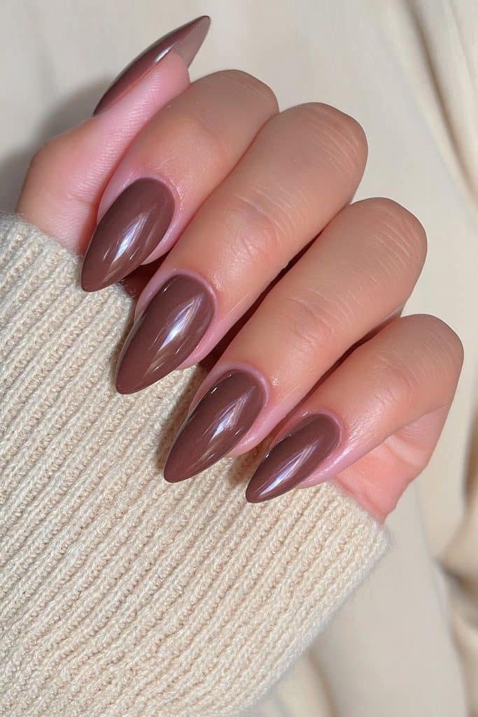 Short almond nails in deep espresso chocolate brown with glossy finish