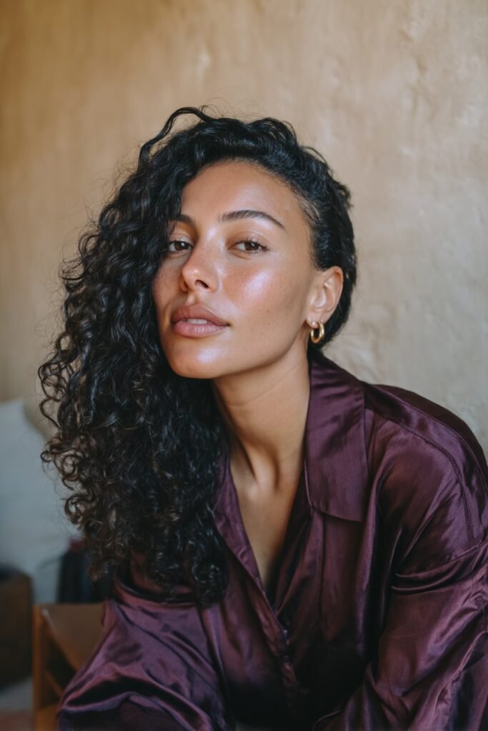 Young woman with a deep side part and cascading defined curls